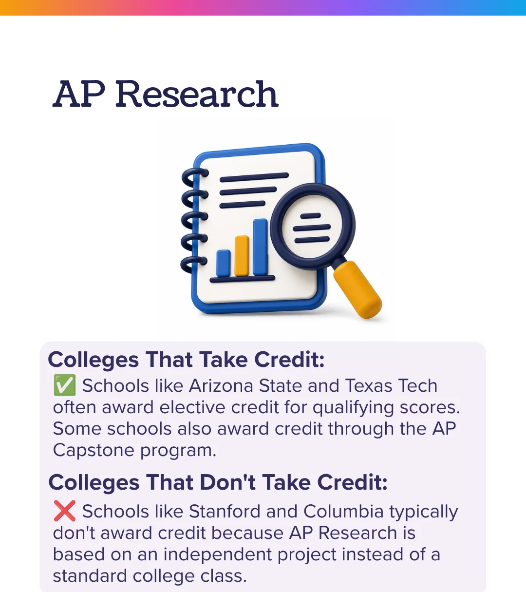AP Research credit: Arizona State and Texas Tech often award elective credit, Stanford and Columbia typically do not