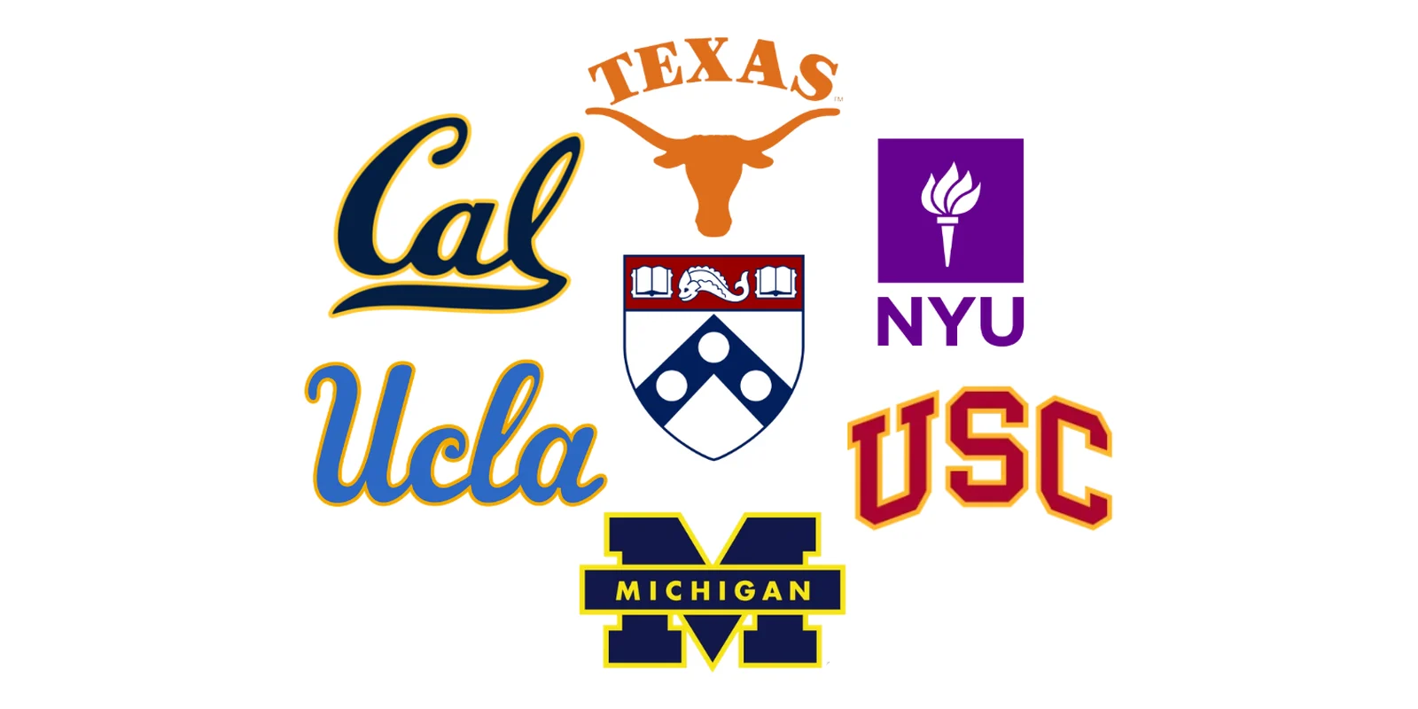Logos of Cal, UCLA, Texas, Penn, NYU, USC, and Michigan