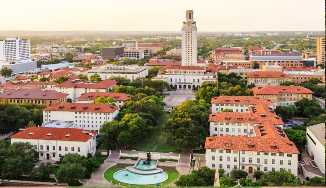 Aerial view of the UT Austin campus and the UT Tower
