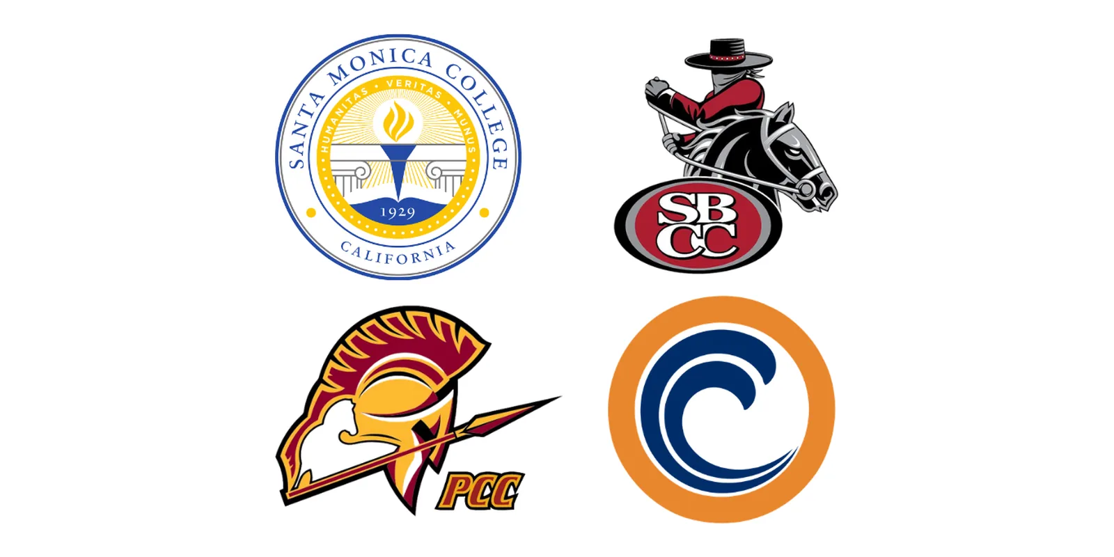 Logos of Santa Monica College, Santa Barbara City College, Pasadena City College, and Orange Coast College