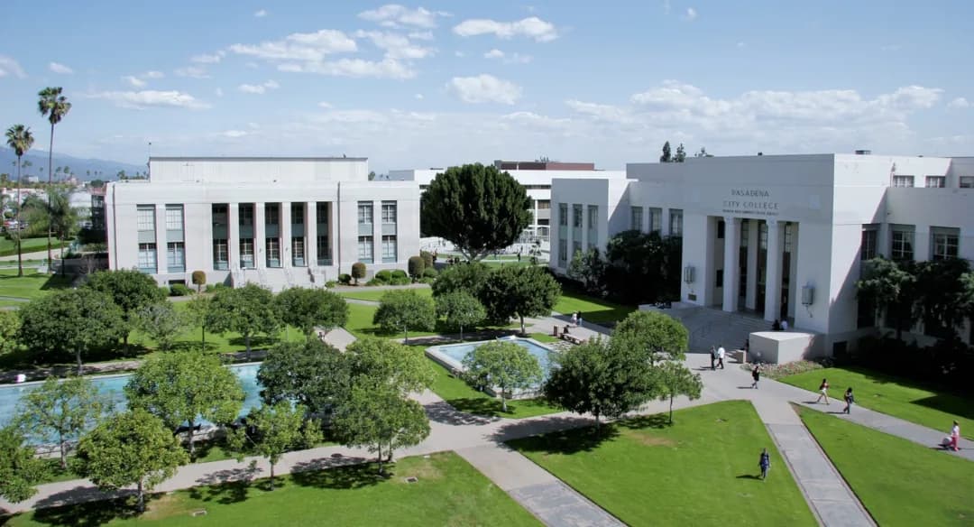 Pasadena City College's white main buildings and reflecting pools