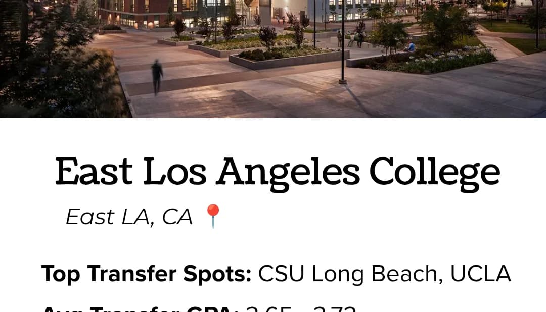 East Los Angeles College's modern campus buildings lit at dusk