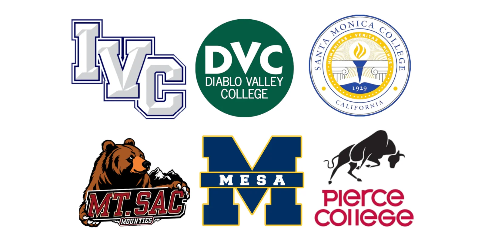 Logos of Irvine Valley College, Diablo Valley College, Santa Monica College, Mt. San Antonio College, San Diego Mesa College, and Pierce College