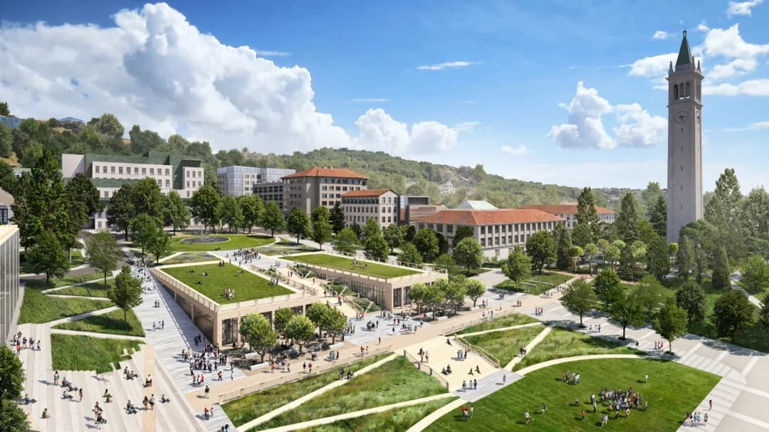 UC Berkeley campus with Sather Tower and green lawns