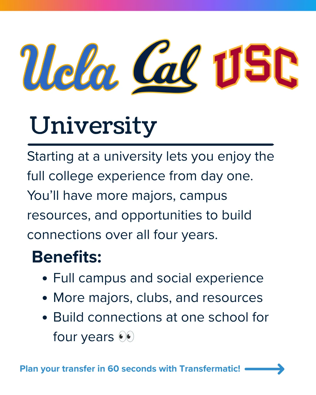 University benefits: full campus and social experience from day one, more majors, clubs and resources, four years of connections at one school
