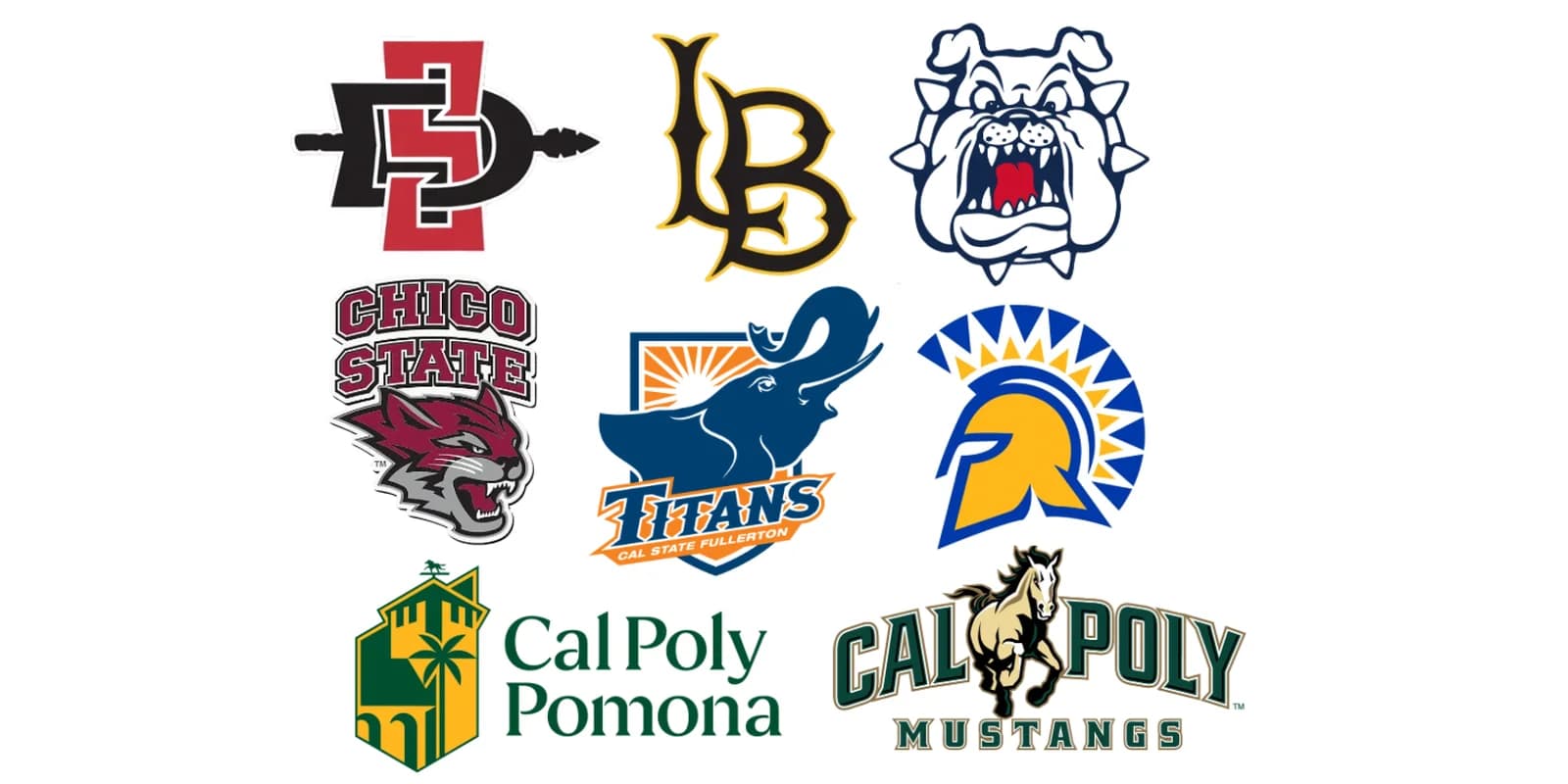 Logos of CSU campuses including SDSU, Long Beach, Fresno, Chico, Fullerton, San José State, Cal Poly Pomona, and Cal Poly SLO