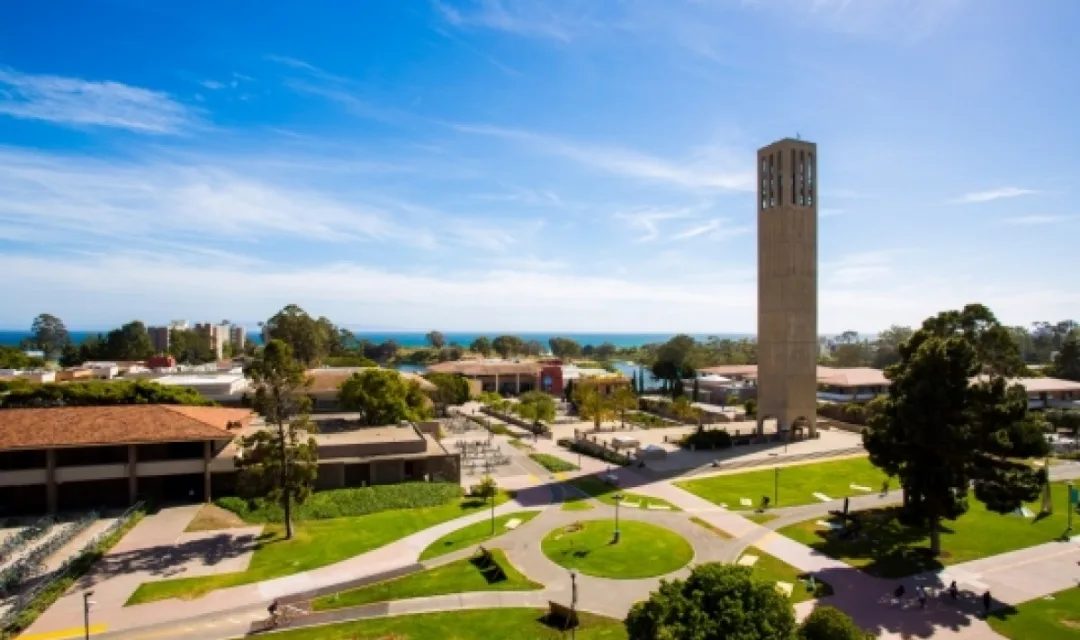 Storke Tower and the lagoon-side campus at UC Santa Barbara