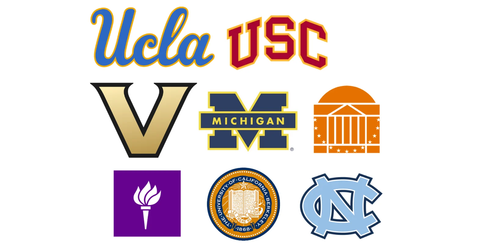 Logos of UCLA, USC, Vanderbilt, Michigan, Virginia, NYU, UC Berkeley, and UNC Chapel Hill