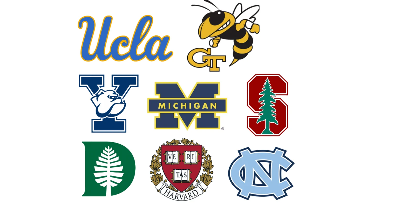 Logos of UCLA, Georgia Tech, Yale, Michigan, Stanford, Dartmouth, Harvard, and UNC Chapel Hill