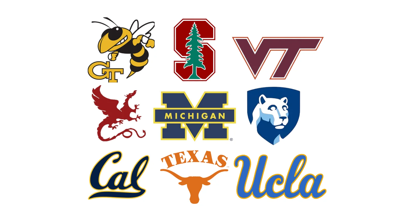 Logos of universities known for high-paying majors: Georgia Tech, Stanford, Virginia Tech, Drexel, Michigan, Penn State, Cal, Texas, and UCLA