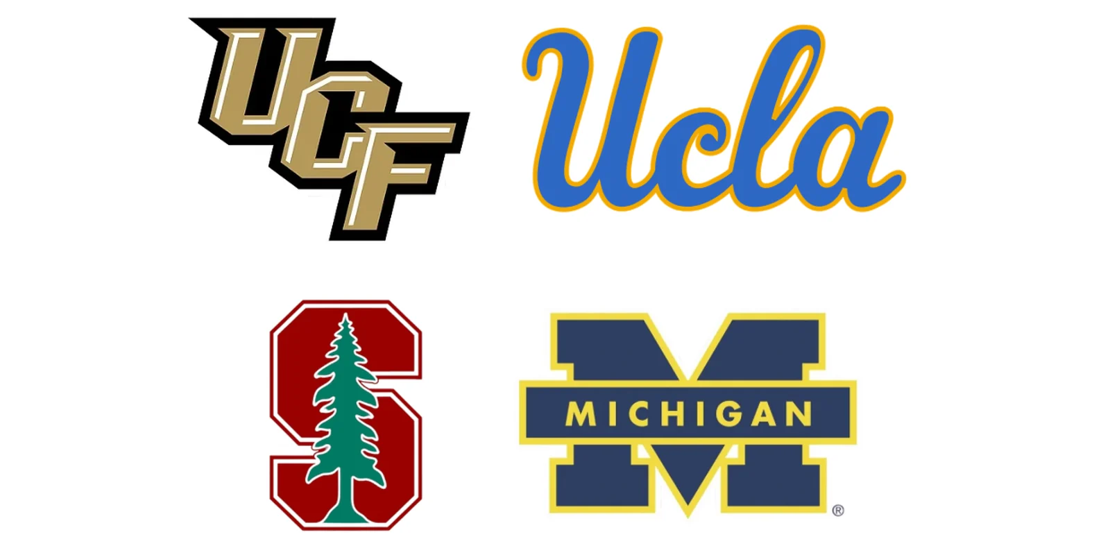 Logos of UCF, UCLA, Stanford, and Michigan, four universities community college students transfer into