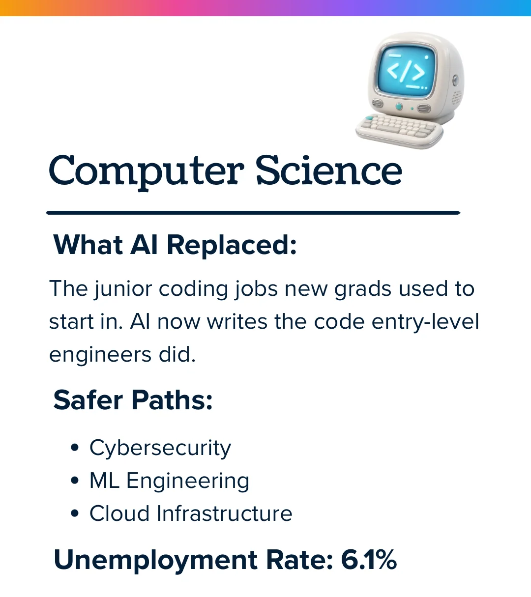 Computer science and AI: junior coding jobs automated; safer paths are cybersecurity, ML engineering, and cloud infrastructure