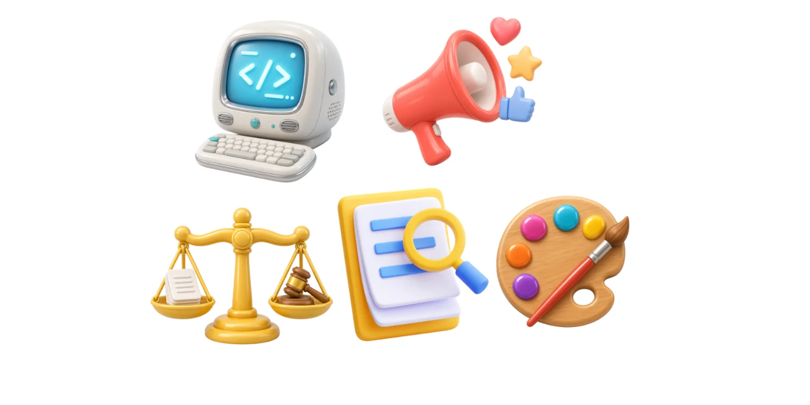 Icons for the majors AI is disrupting: computer science, marketing, legal studies, journalism, and graphic design