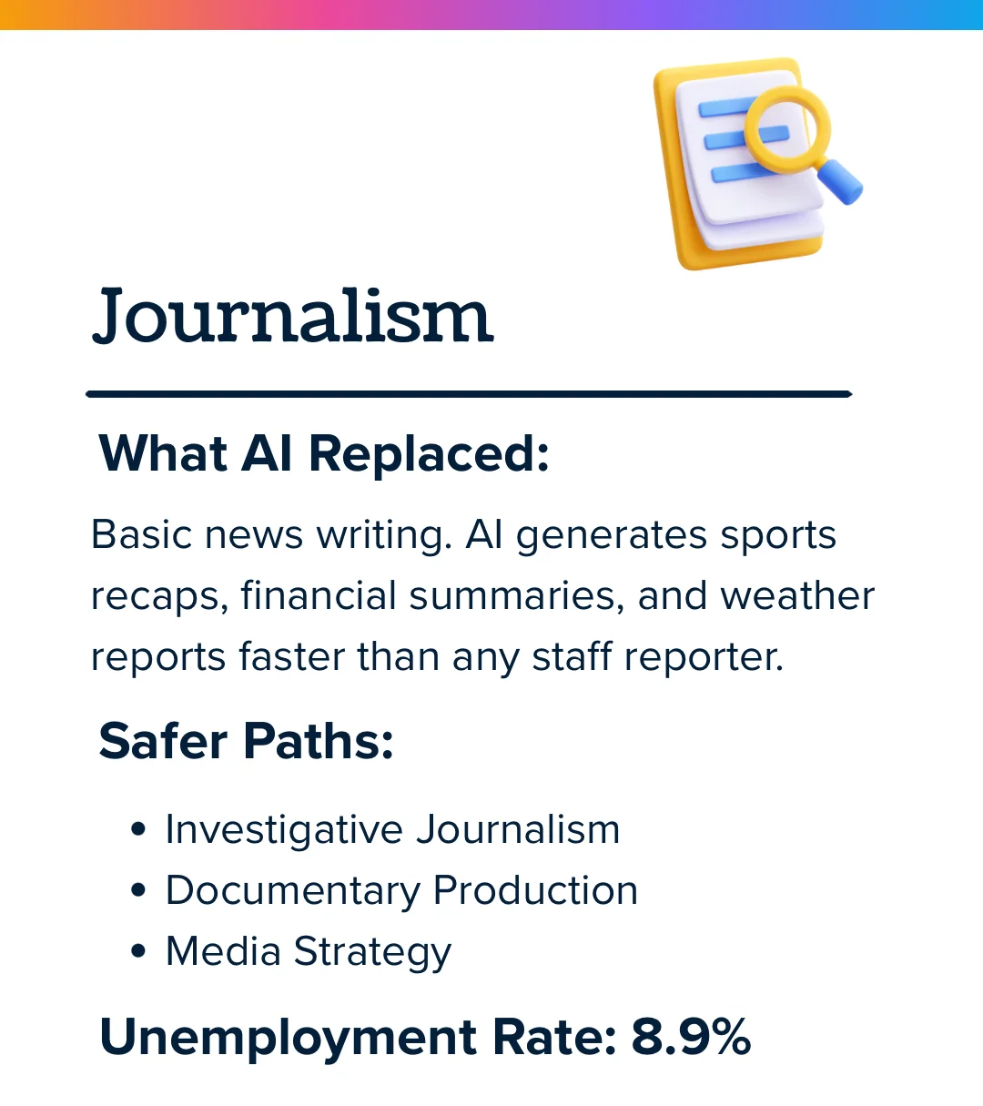 Journalism and AI: basic news writing automated; safer paths are investigative journalism, documentary production, and media strategy