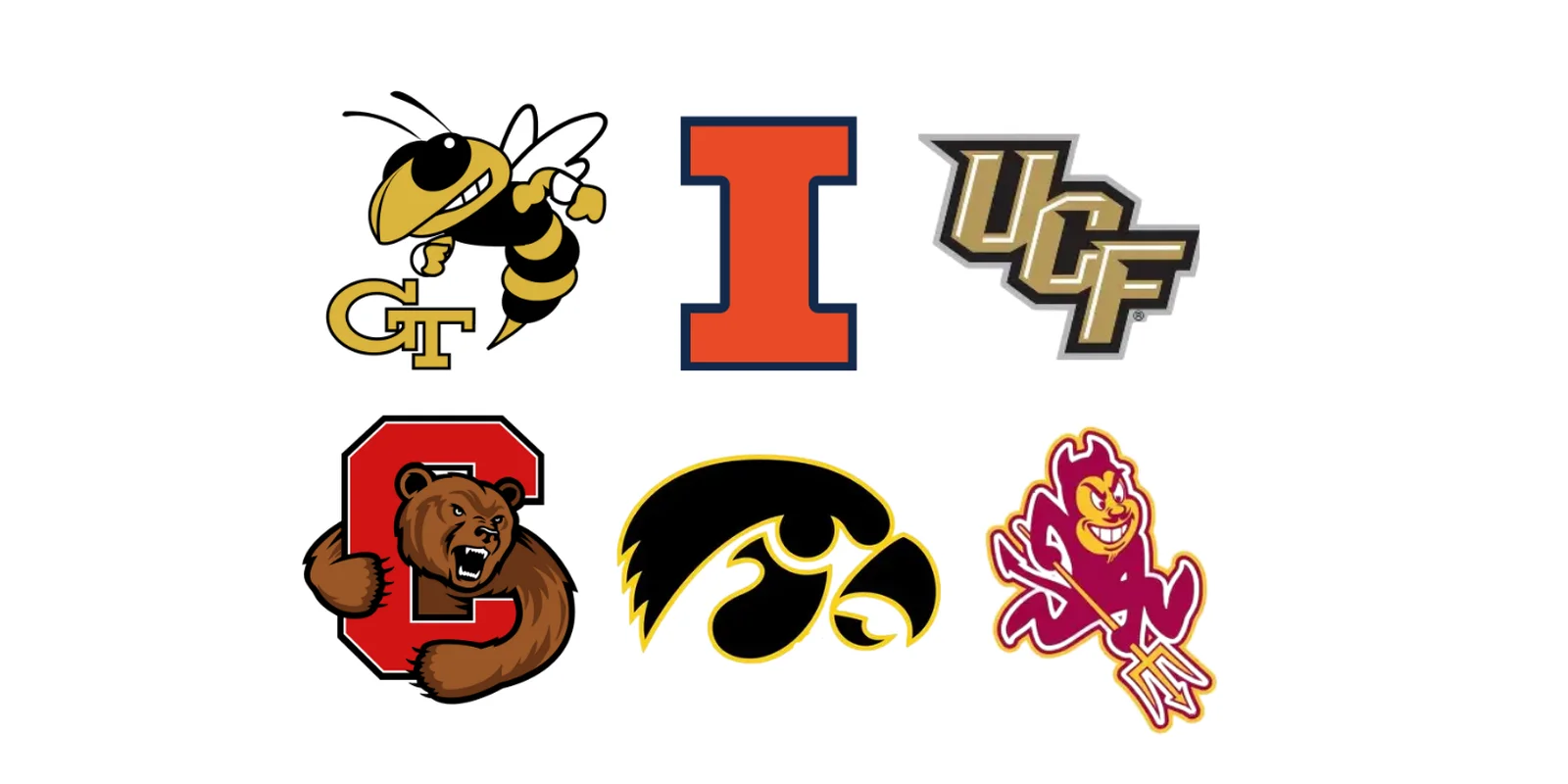 Logos of universities known for overlooked majors: Georgia Tech, Illinois, UCF, Cornell, Iowa, and Arizona State