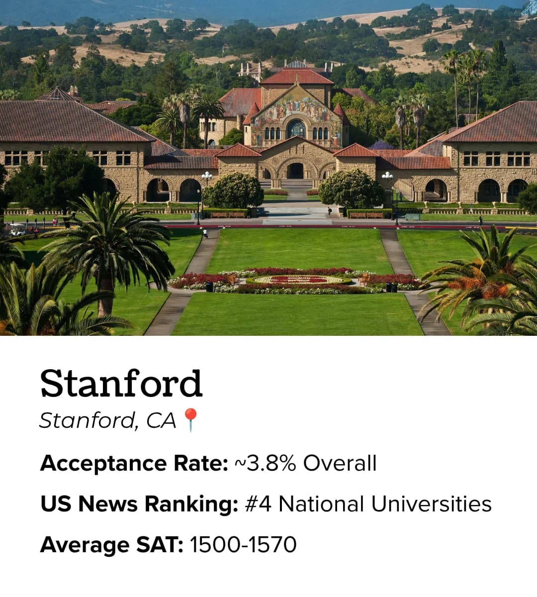 Stanford in Stanford, California: #4 in US News national universities, SAT range 1500 to 1570