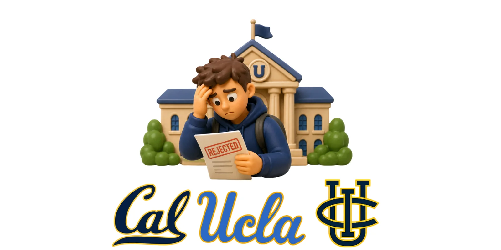 Stressed student holding a rejected transfer application in front of a university, with Cal, UCLA, and UC Irvine logos