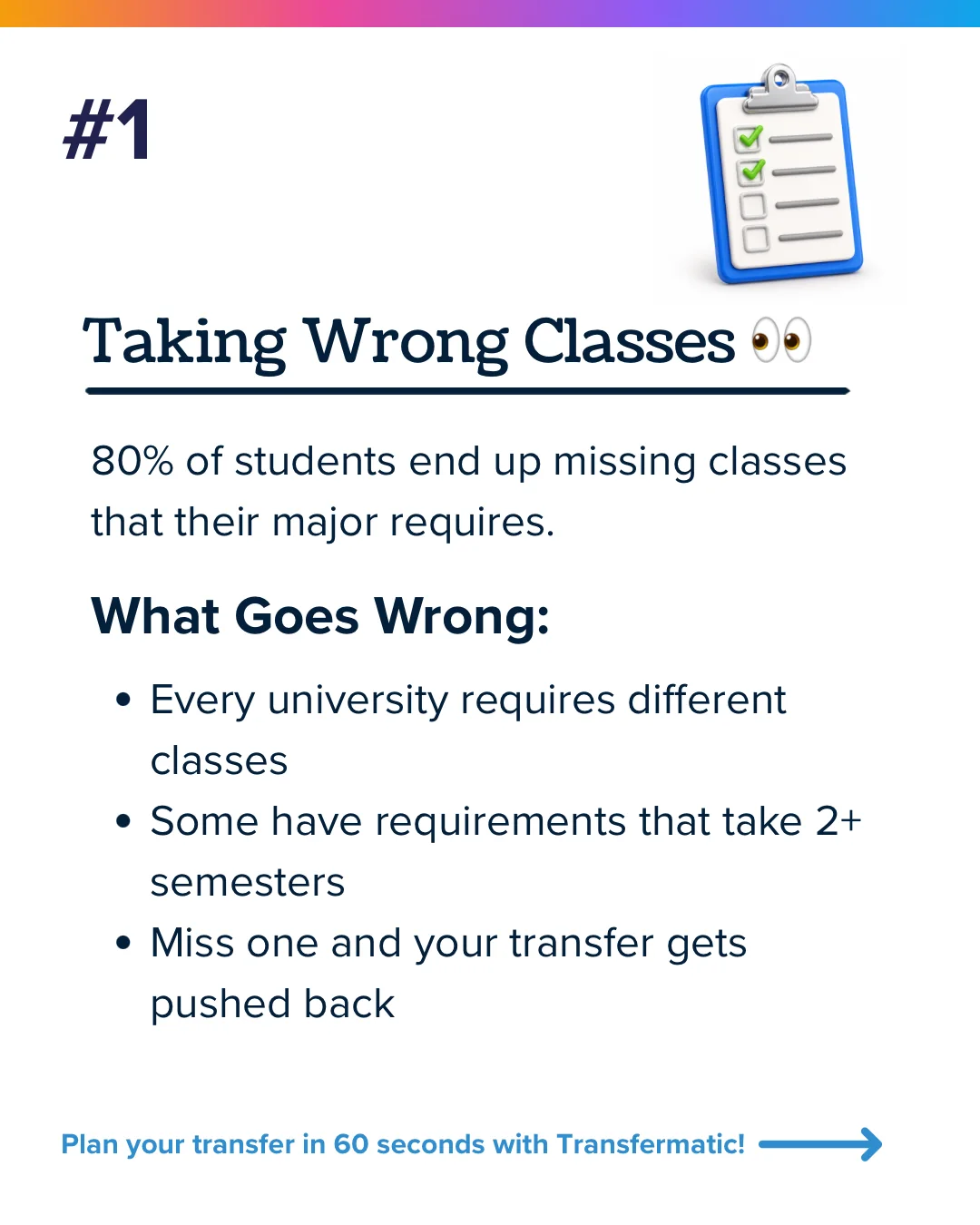 Transfer mistake 1, taking the wrong classes: every university requires different prep and missing one course pushes your transfer back