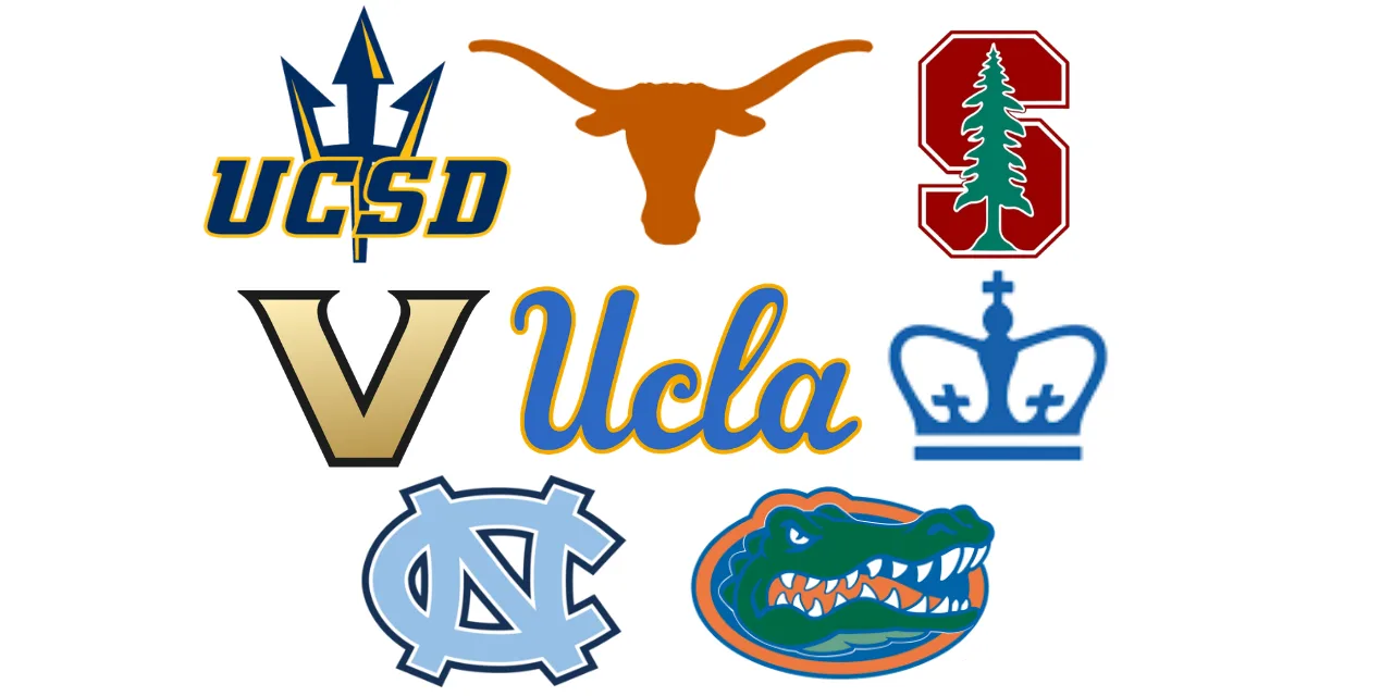Logos of underrated transfer universities including UCSD, UT Austin, UNC, Columbia, Penn State, UCLA, Stanford, Vanderbilt, and Florida