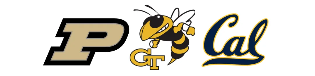 Logos of top industrial engineering schools: Purdue, Georgia Tech, and UC Berkeley
