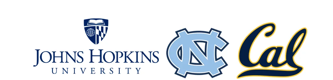 Logos of top public health schools: Johns Hopkins, UNC, and Cal