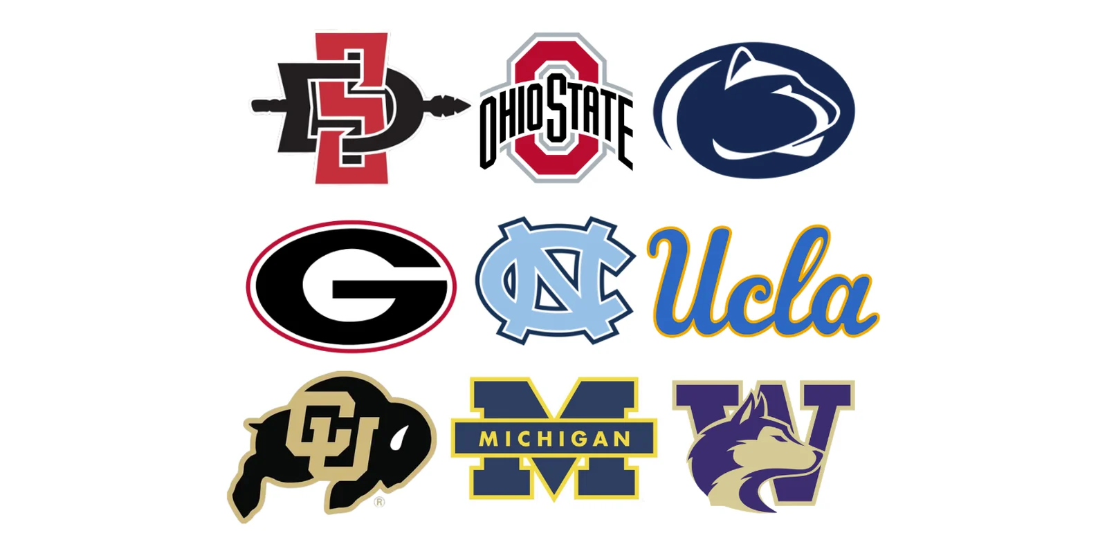 Logos of San Diego State, Ohio State, Penn State, Georgia, UNC, UCLA, Colorado, Michigan, and Washington