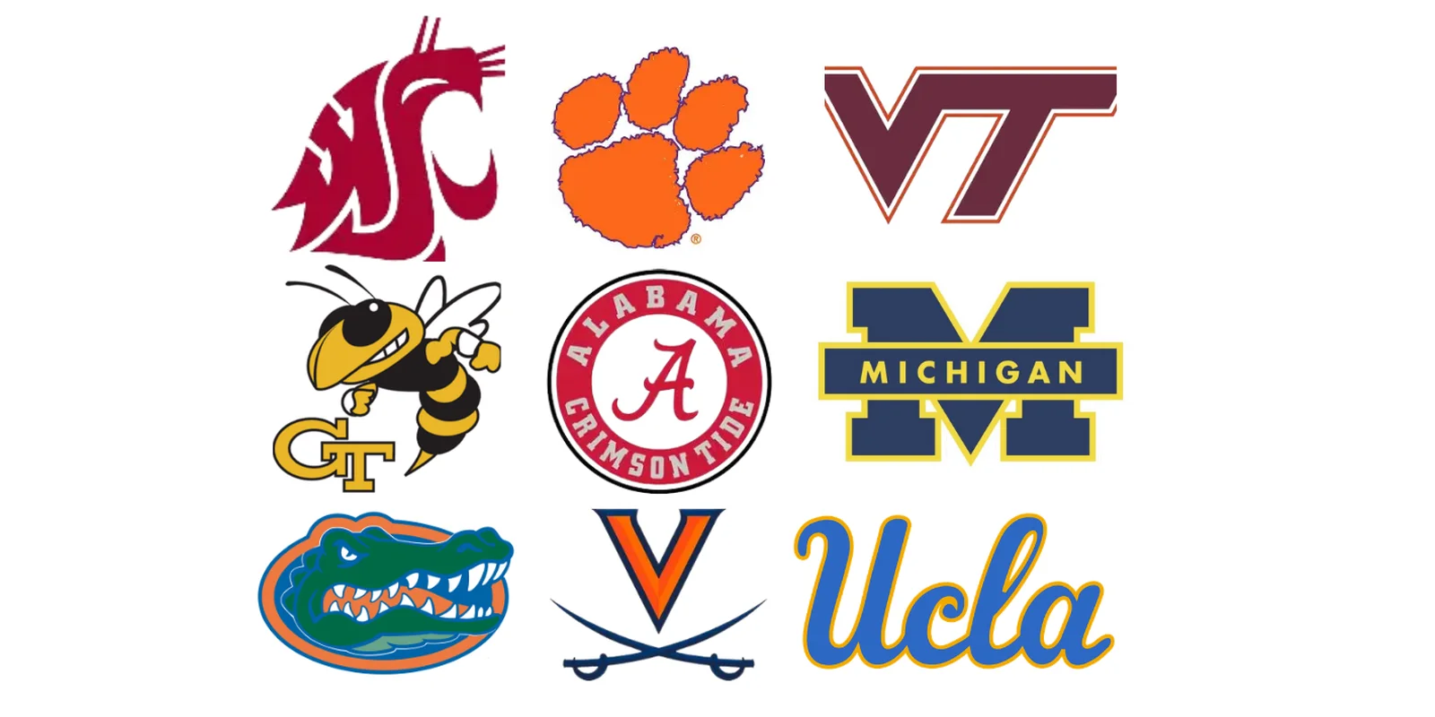 Logos of universities with the best alumni networks including Washington State, Clemson, Virginia Tech, Georgia Tech, Alabama, Michigan, Florida, Virginia, and UCLA