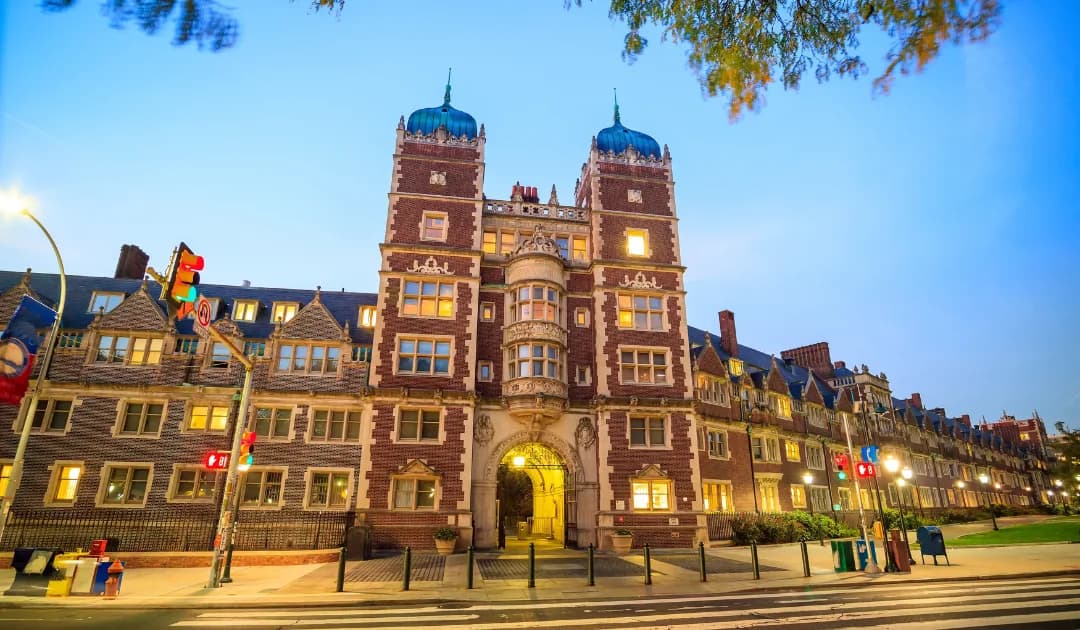 The historic Quadrangle dorms at UPenn at dusk