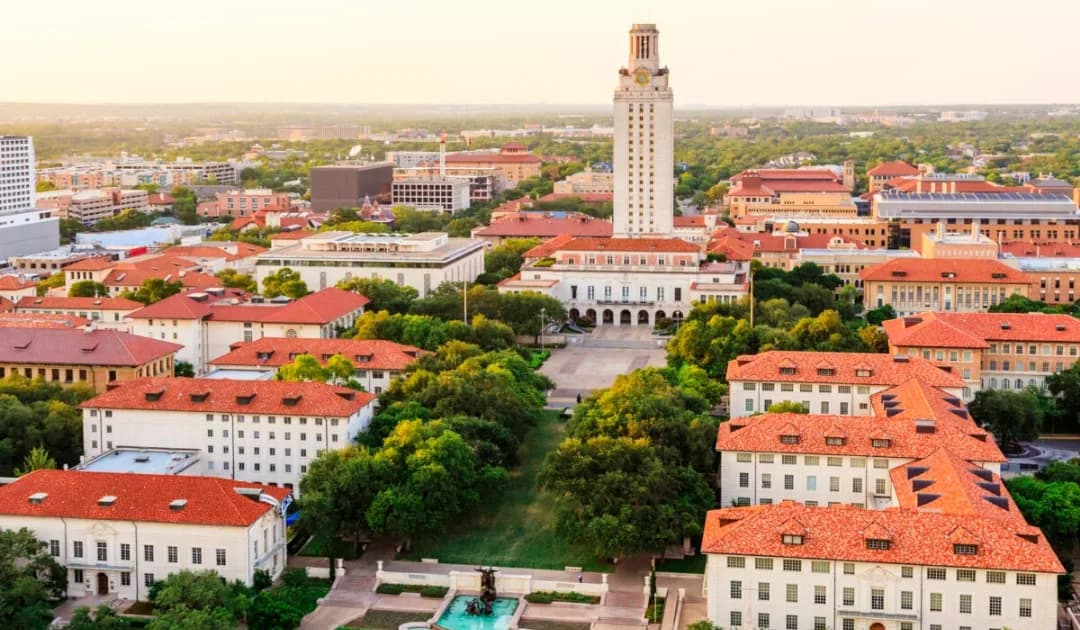 Aerial view of the UT Austin campus and tower
