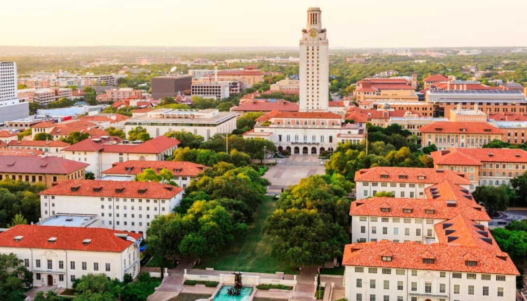 Aerial view of the UT Austin campus and tower