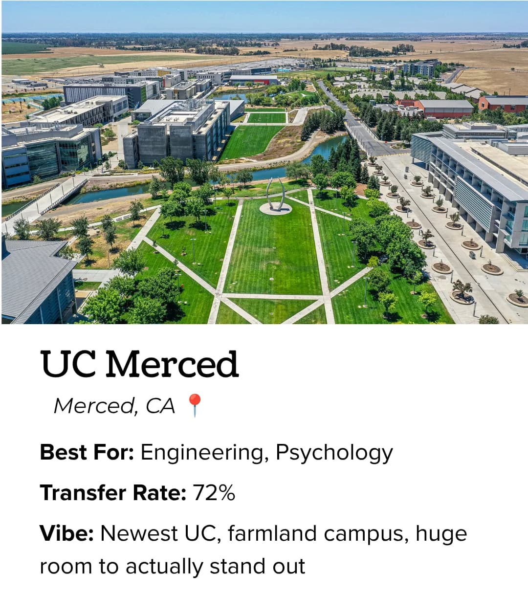 UC Merced: best for engineering and psychology, newest UC, farmland campus, room to stand out