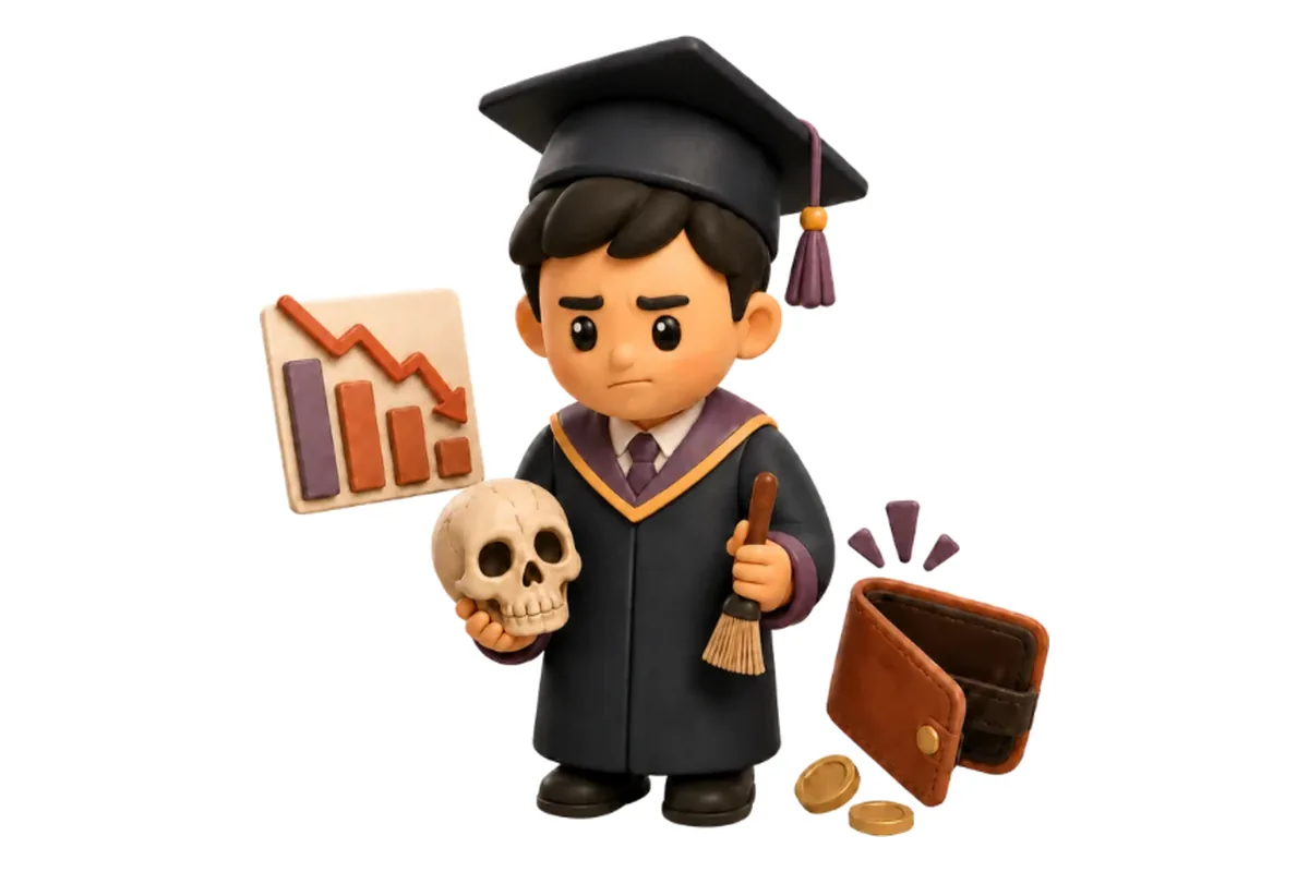 Illustration of a graduate holding a skull and a brush next to an empty wallet