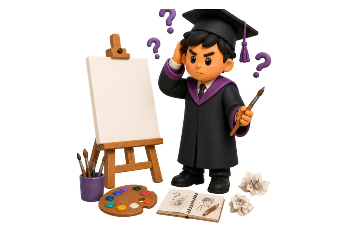 Illustration of a confused graduate with a blank easel, paints, and a sketchbook