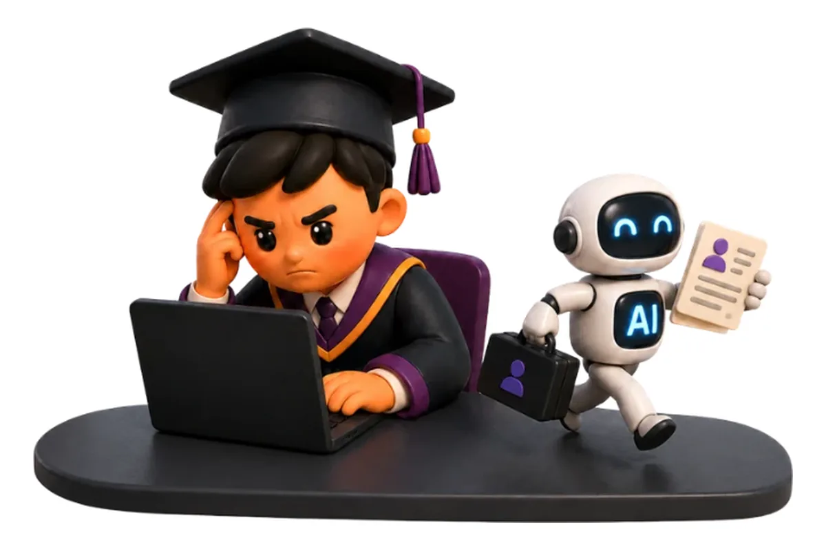 Illustration of a stressed graduate at a laptop while a small AI robot walks off with a resume