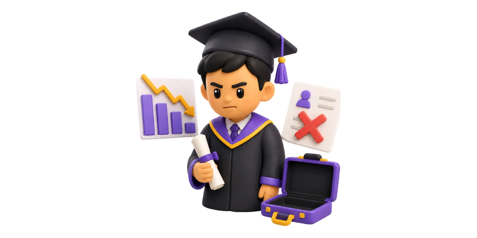 Illustration of a frustrated graduate in cap and gown holding a diploma beside a falling chart and a rejected resume