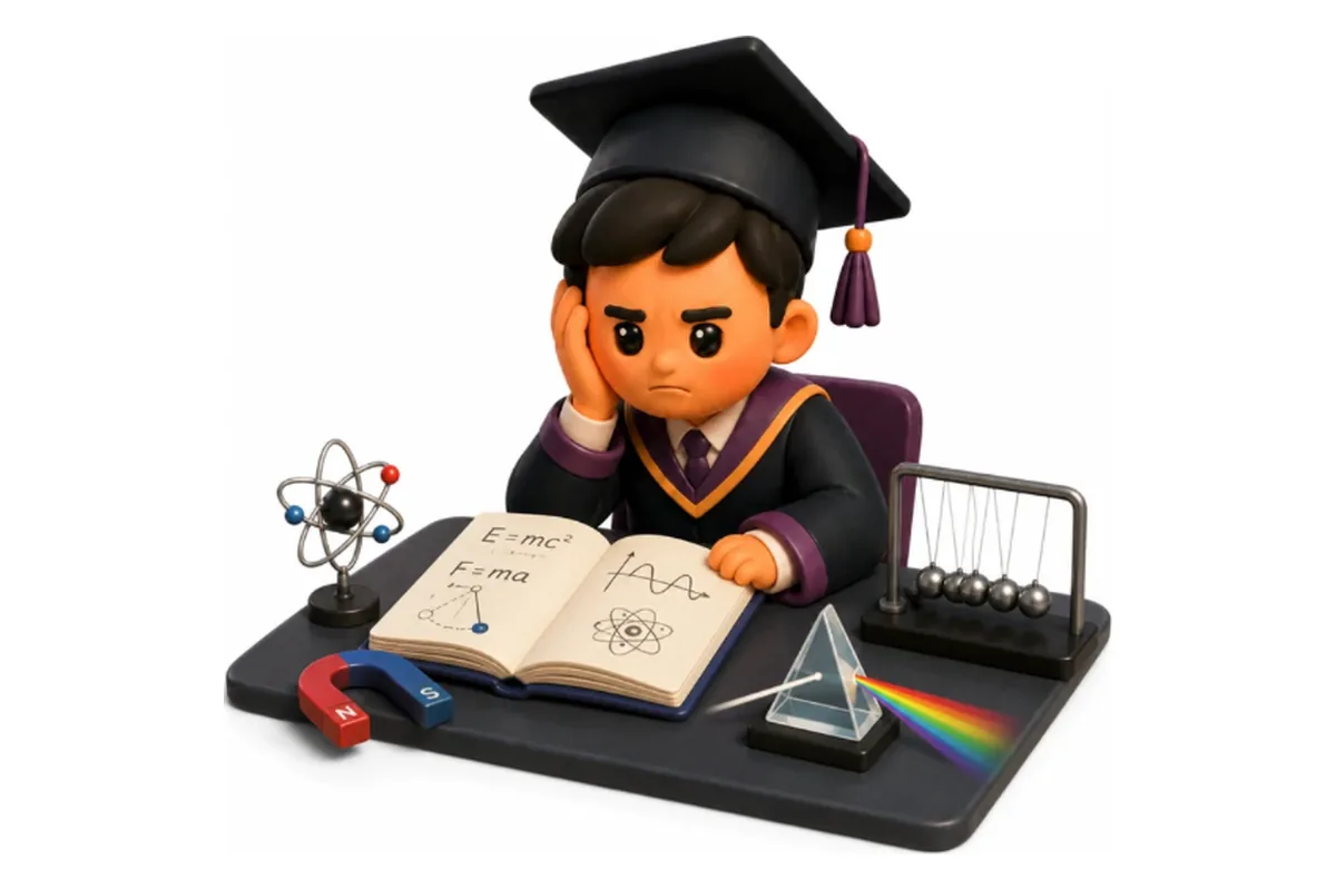 Illustration of a tired graduate studying a physics textbook surrounded by lab equipment