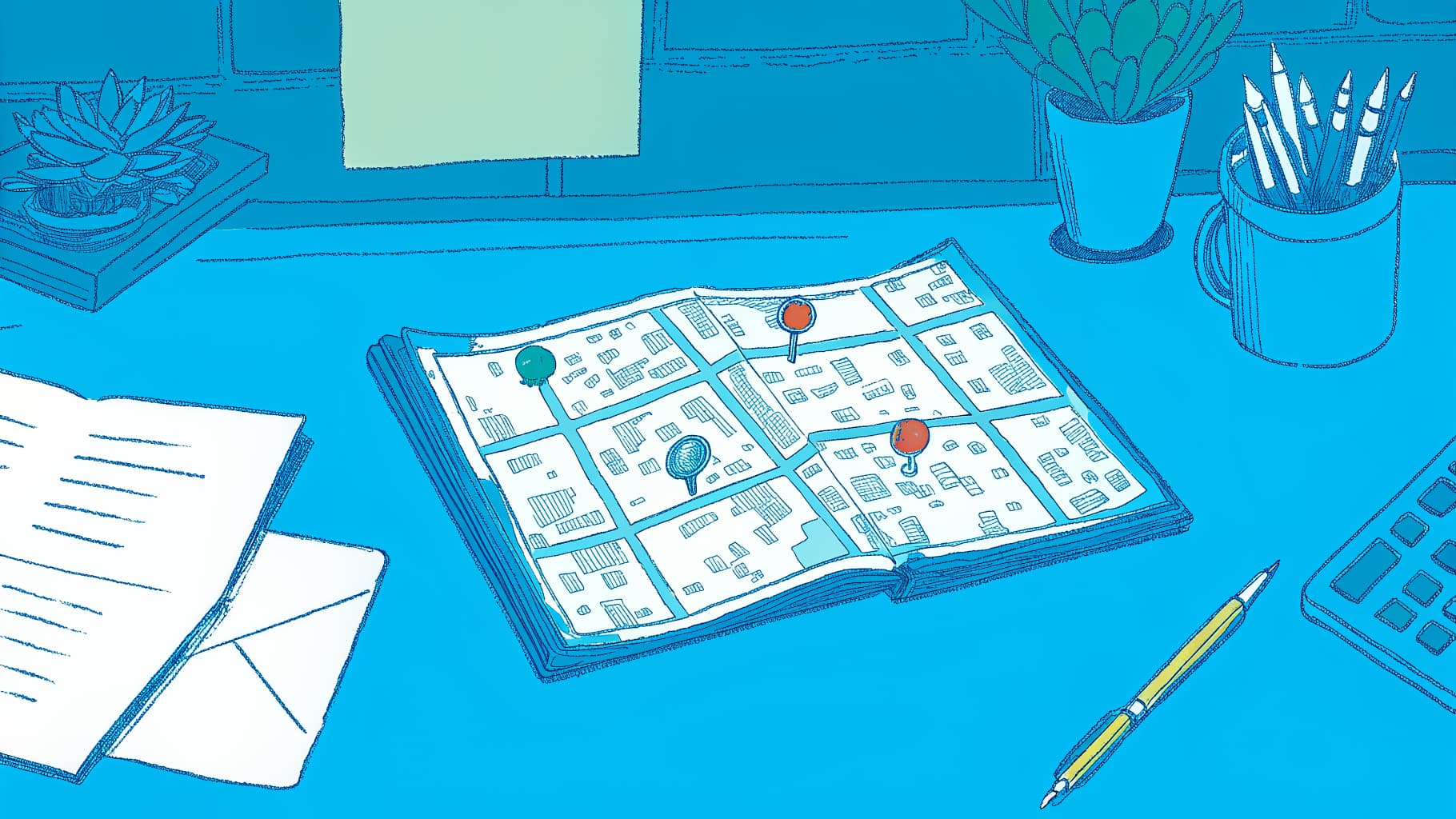 Transfer student desk with campus map, pennants, rejection stamp, and course planning grid