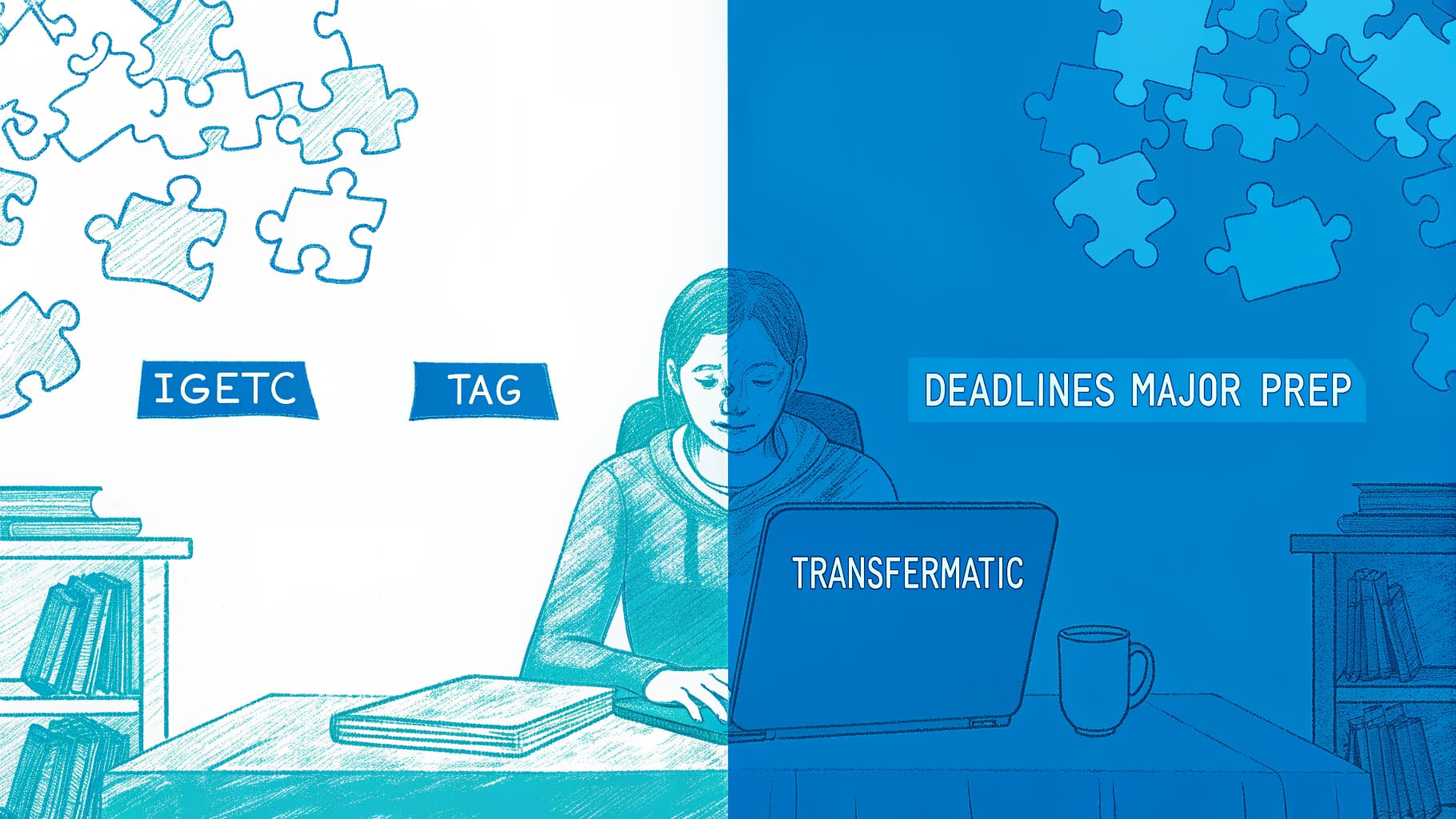 Disconnected transfer puzzle pieces versus a clear Transfermatic semester roadmap on a student laptop
