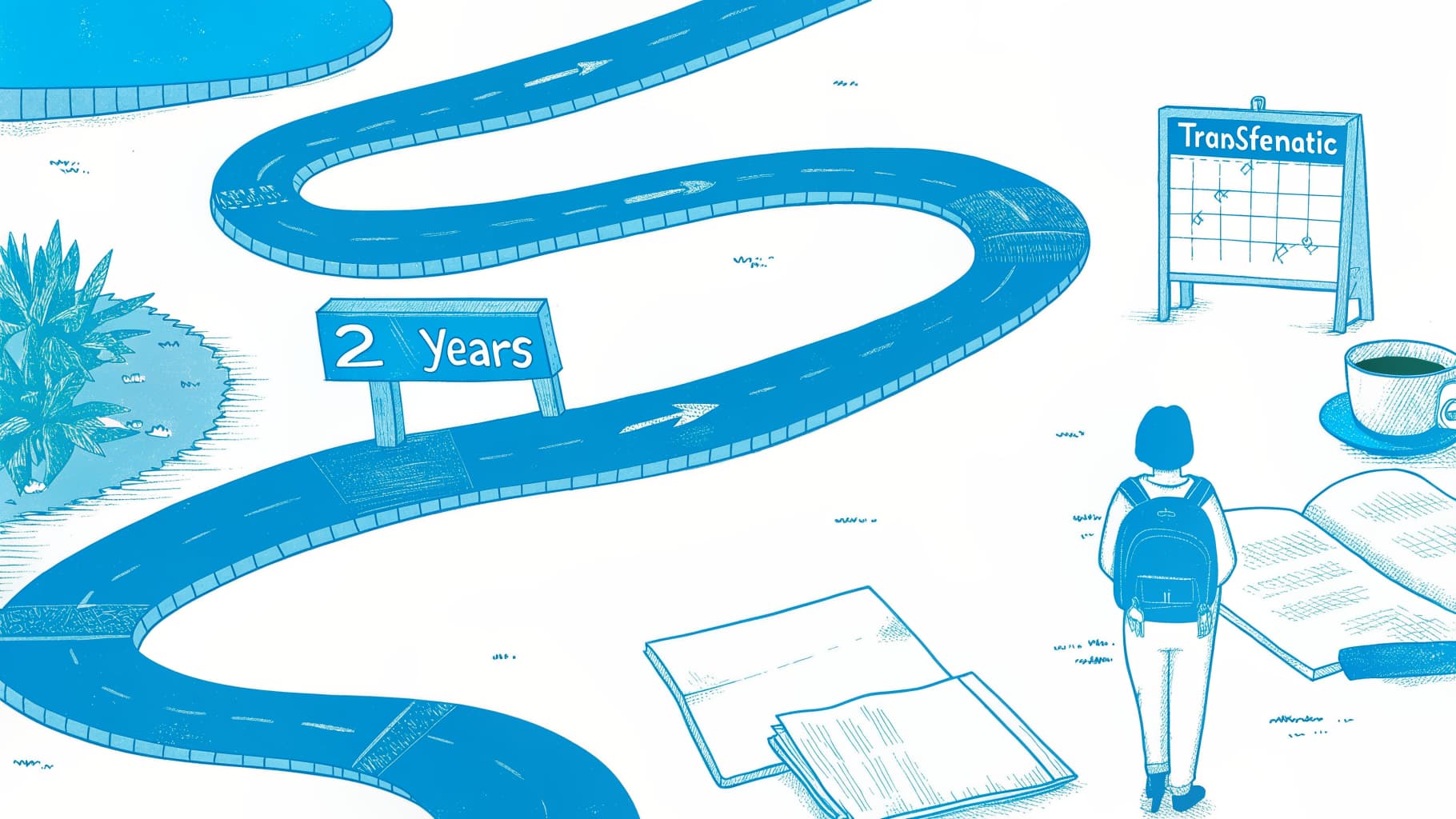 Transfer student on long winding path past extra semester loop toward university gate
