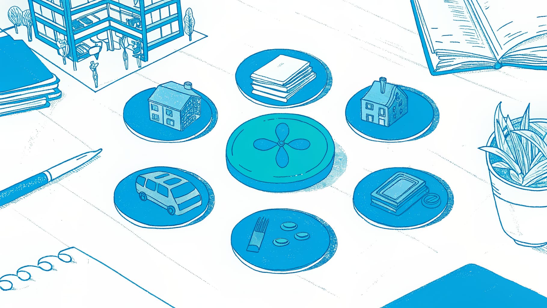 Community college cost breakdown hub showing tuition, housing, food, transport, and books icons