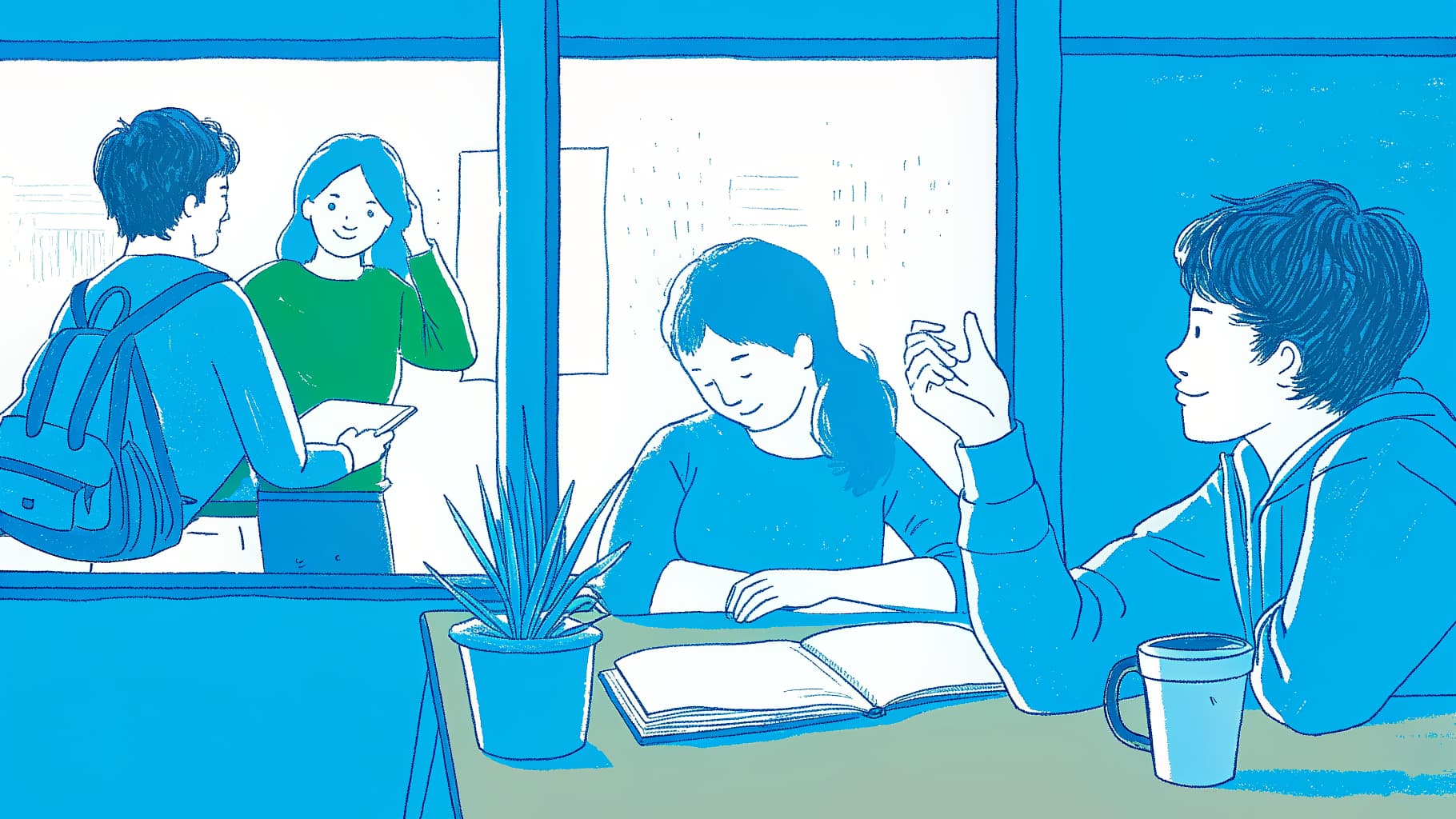 Transfer student arriving early, joining a study group, and raising hand in class discussion