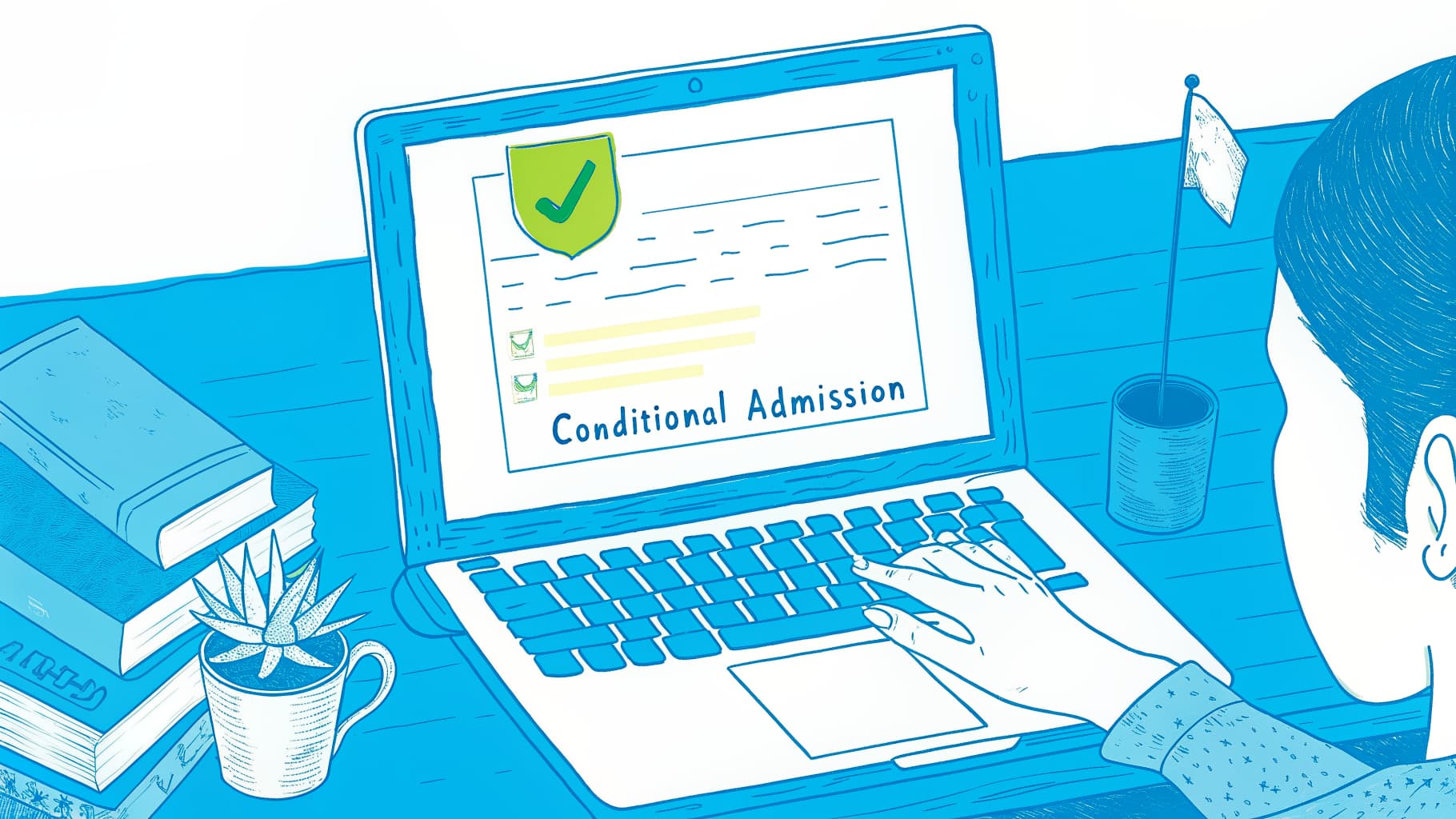 College student reviewing conditional admission letter beside laptop showing application status portal
