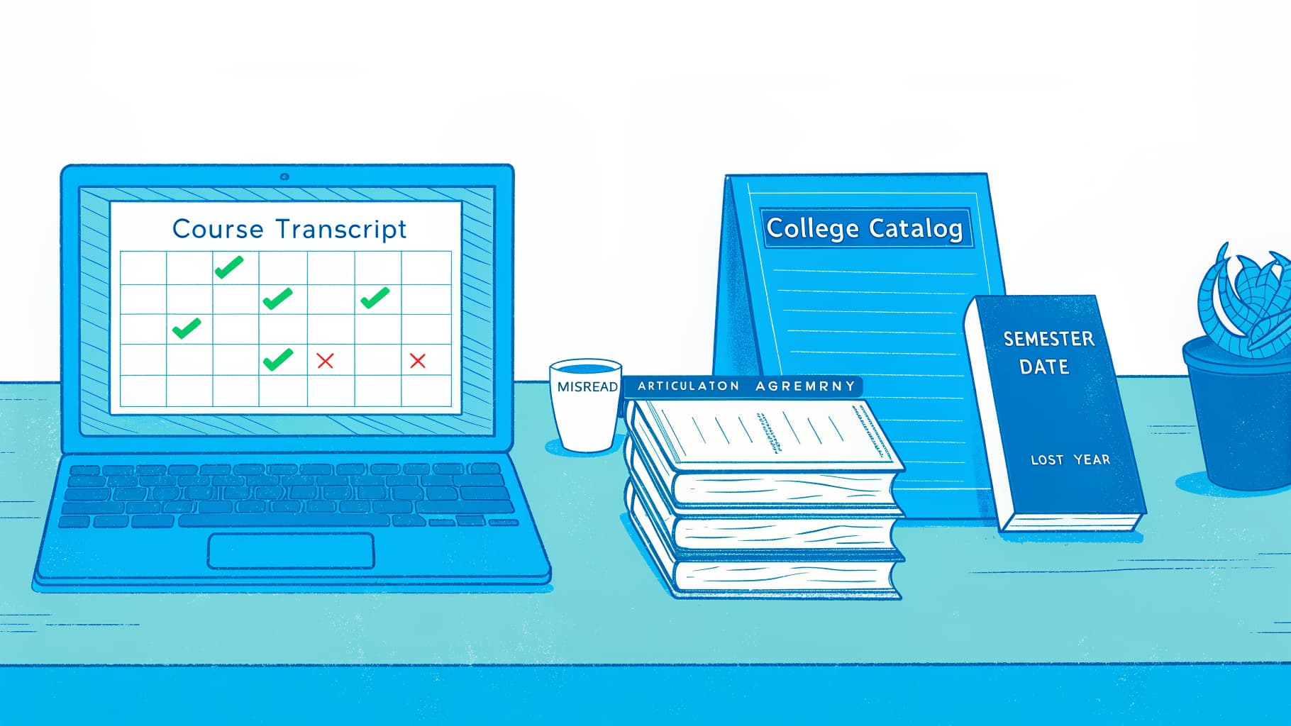 Transfer student's desk showing course transcript beside a calendar marking a lost semester