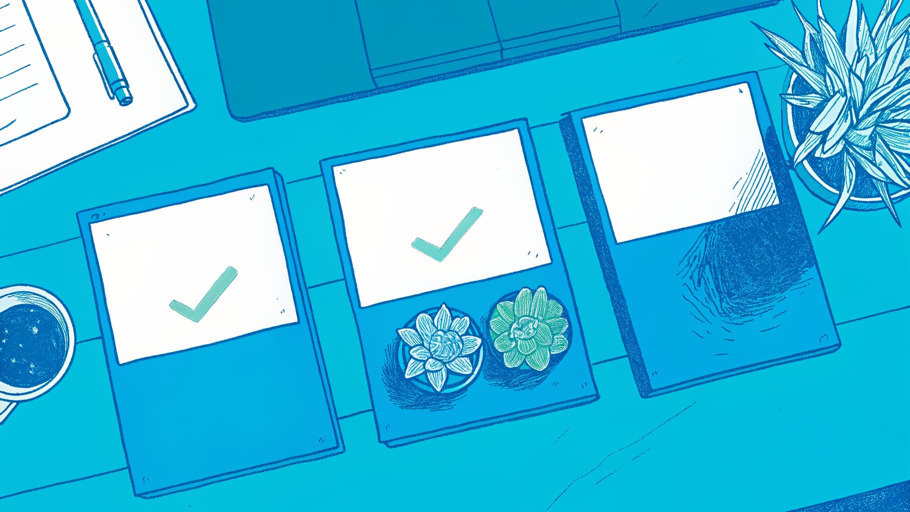 Three transfer credit outcome tiles on a student's desk showing equivalent, substitution, and elective results