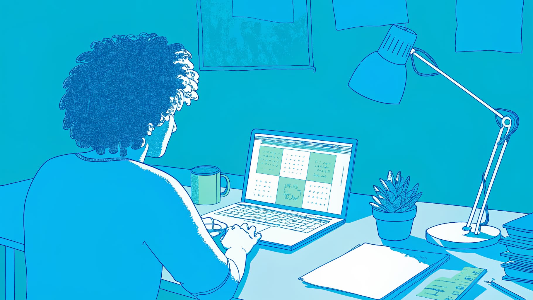 Student alone at night navigating stacked transfer articulation documents and a cluttered spreadsheet