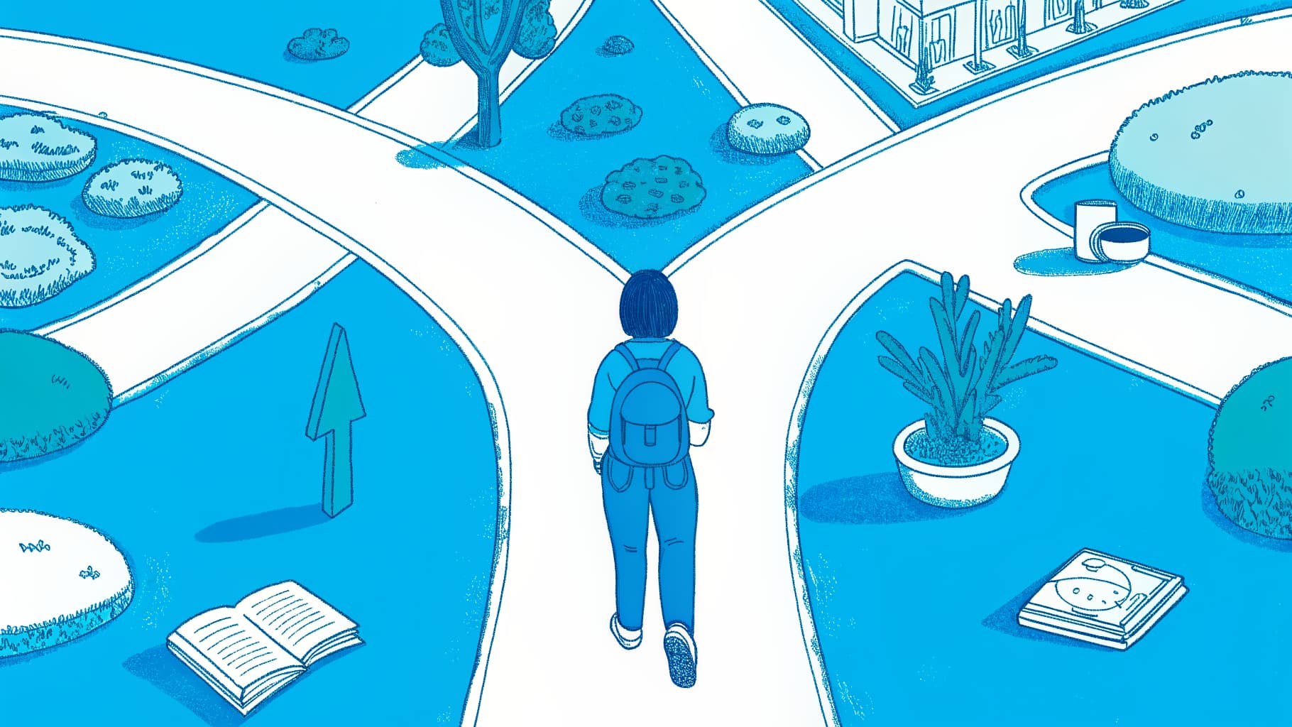 Community college student at a road fork choosing a deliberate transfer path to a four-year university
