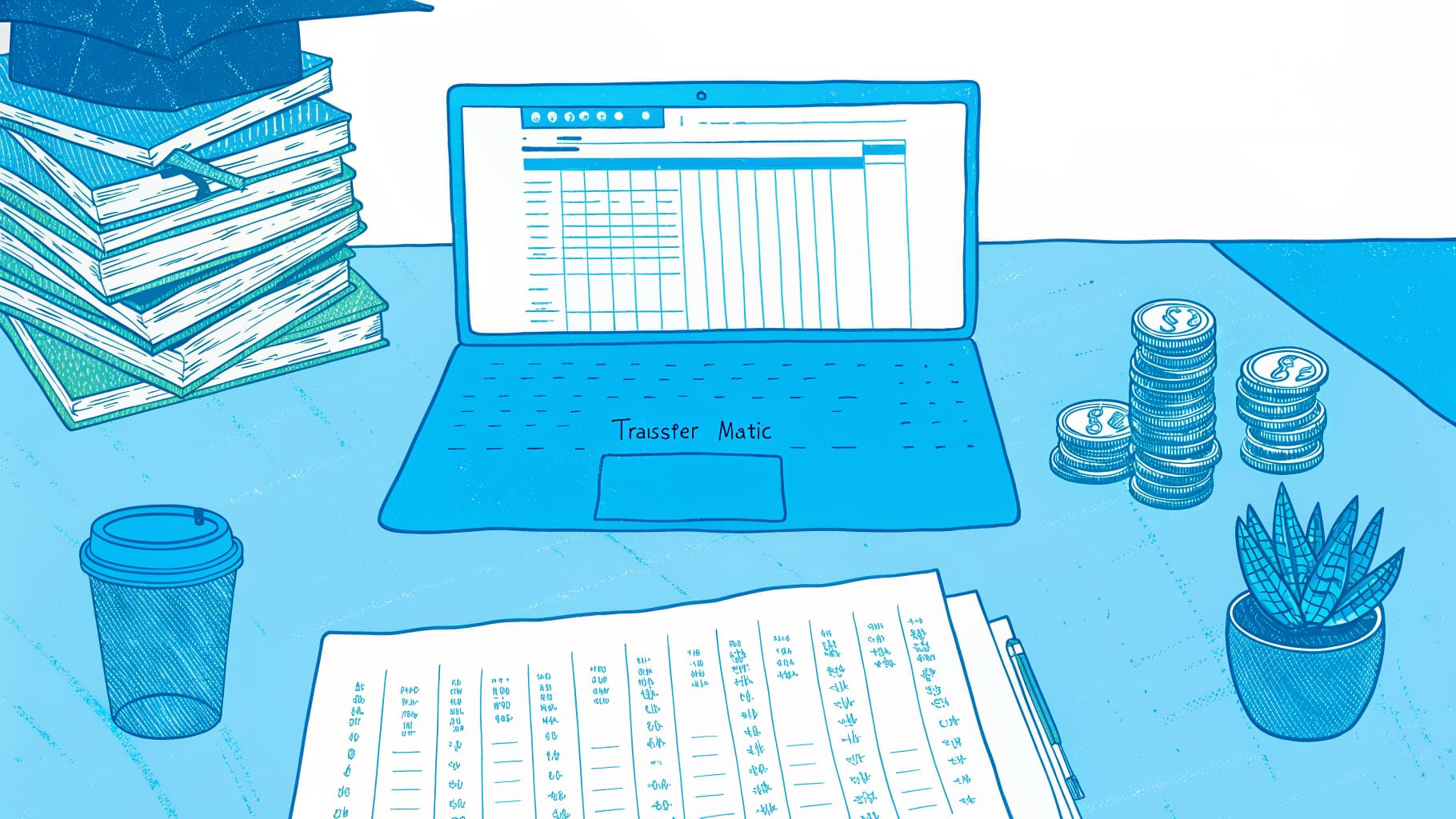 Community college student's desk with transcript, coin stack, and transfer planning software on laptop